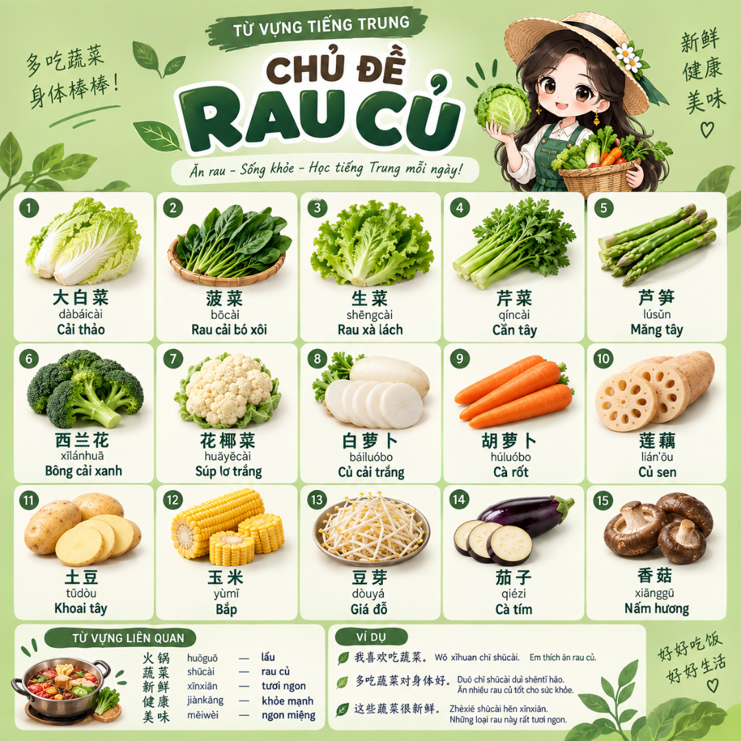 🥬 20 TỪ VỰNG TIẾNG TRUNG VỀ RAU CỦ