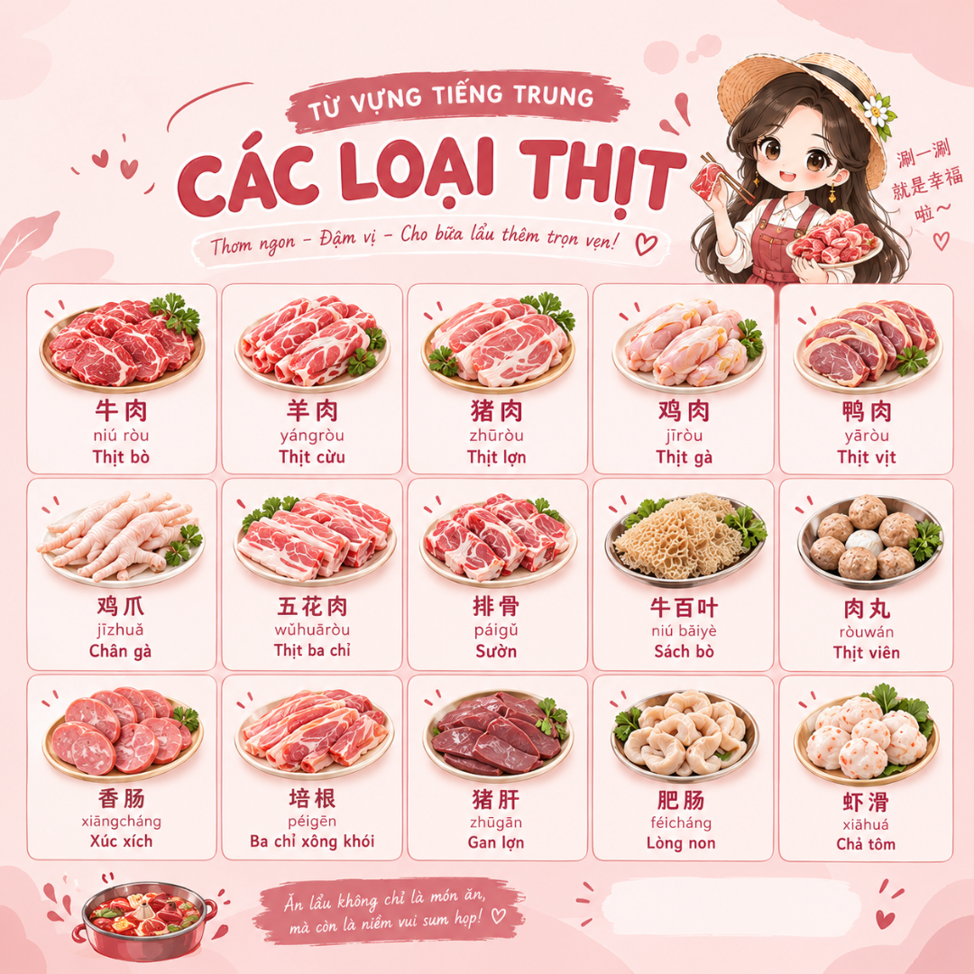 🥩 15 TỪ VỰNG TIẾNG TRUNG VỀ THỊT